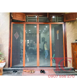 Cửa nhôm xếp lưới màu vân gỗ